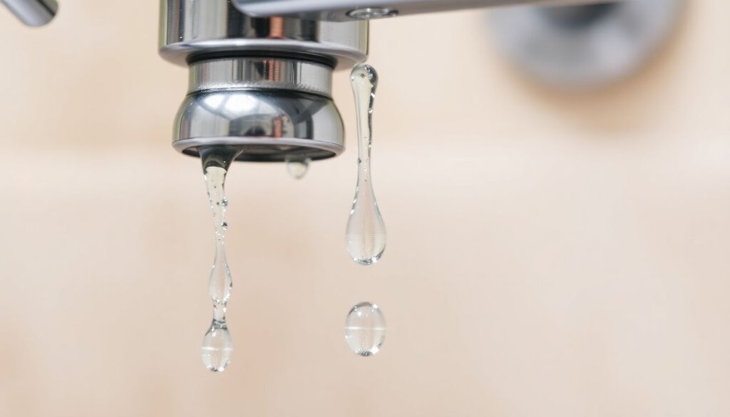 Close-up of water droplets dripping from chrome kitchen faucet onto stainless steel sink, showing small plumbing issues that can lead to water damage without proper prevention