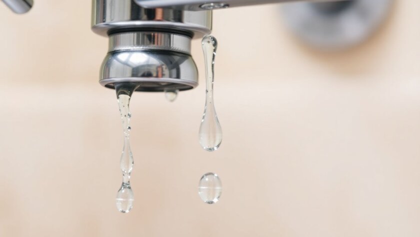 Close-up of water droplets dripping from chrome kitchen faucet onto stainless steel sink, showing small plumbing issues that can lead to water damage without proper prevention