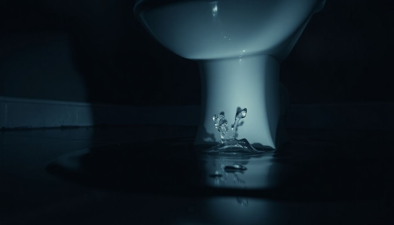 Water pooling on bathroom floor around toilet base showing plumbing problems and potential water damage in dramatic nighttime lighting