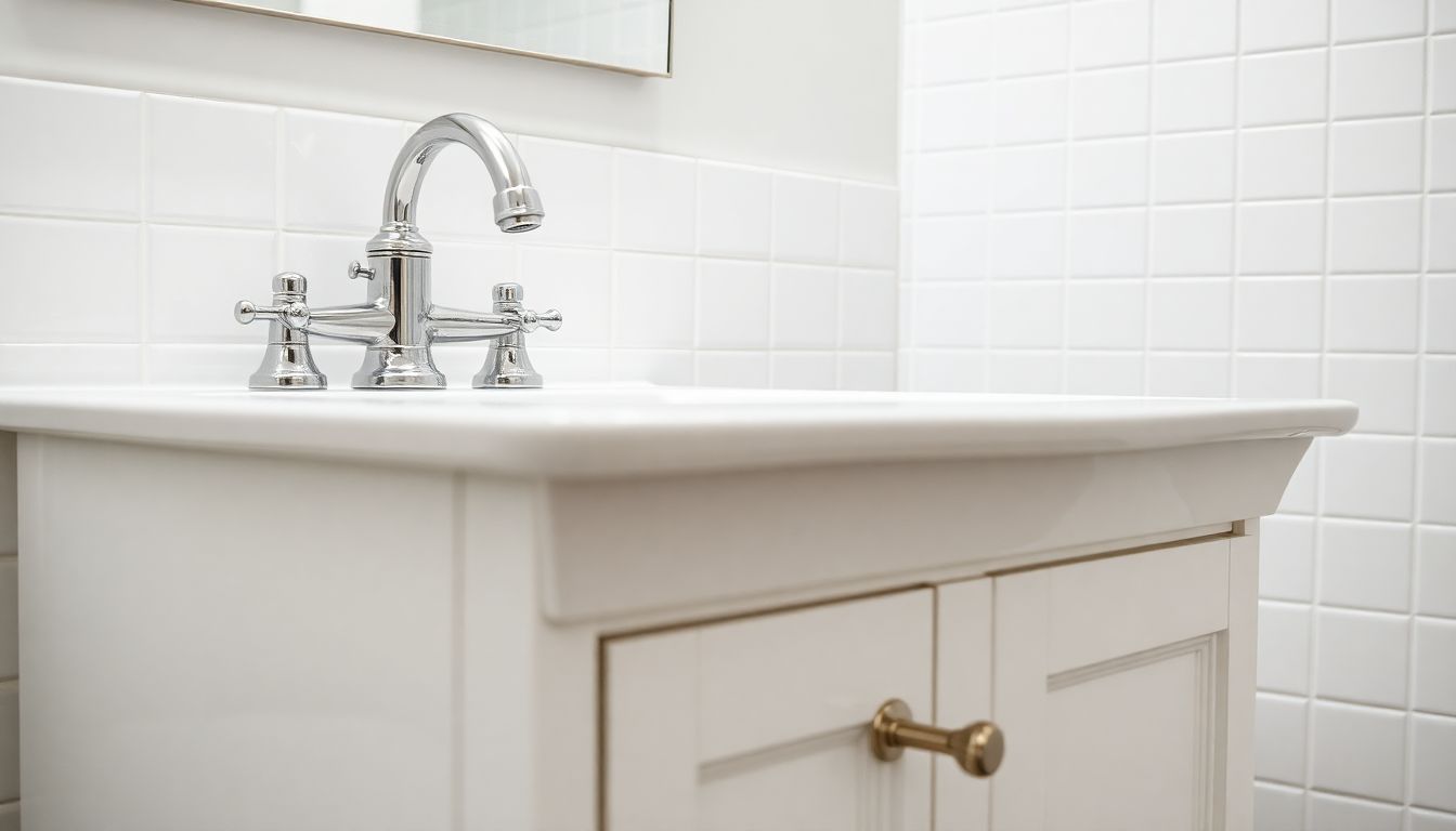 Clean bathroom vanity with gleaming chrome fixtures and white porcelain sink, demonstrating proper plumbing maintenance and water damage prevention