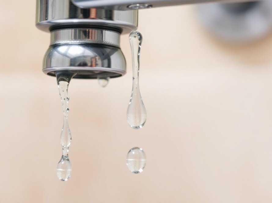Close-up of water droplets dripping from chrome kitchen faucet onto stainless steel sink, showing small plumbing issues that can lead to water damage without proper prevention