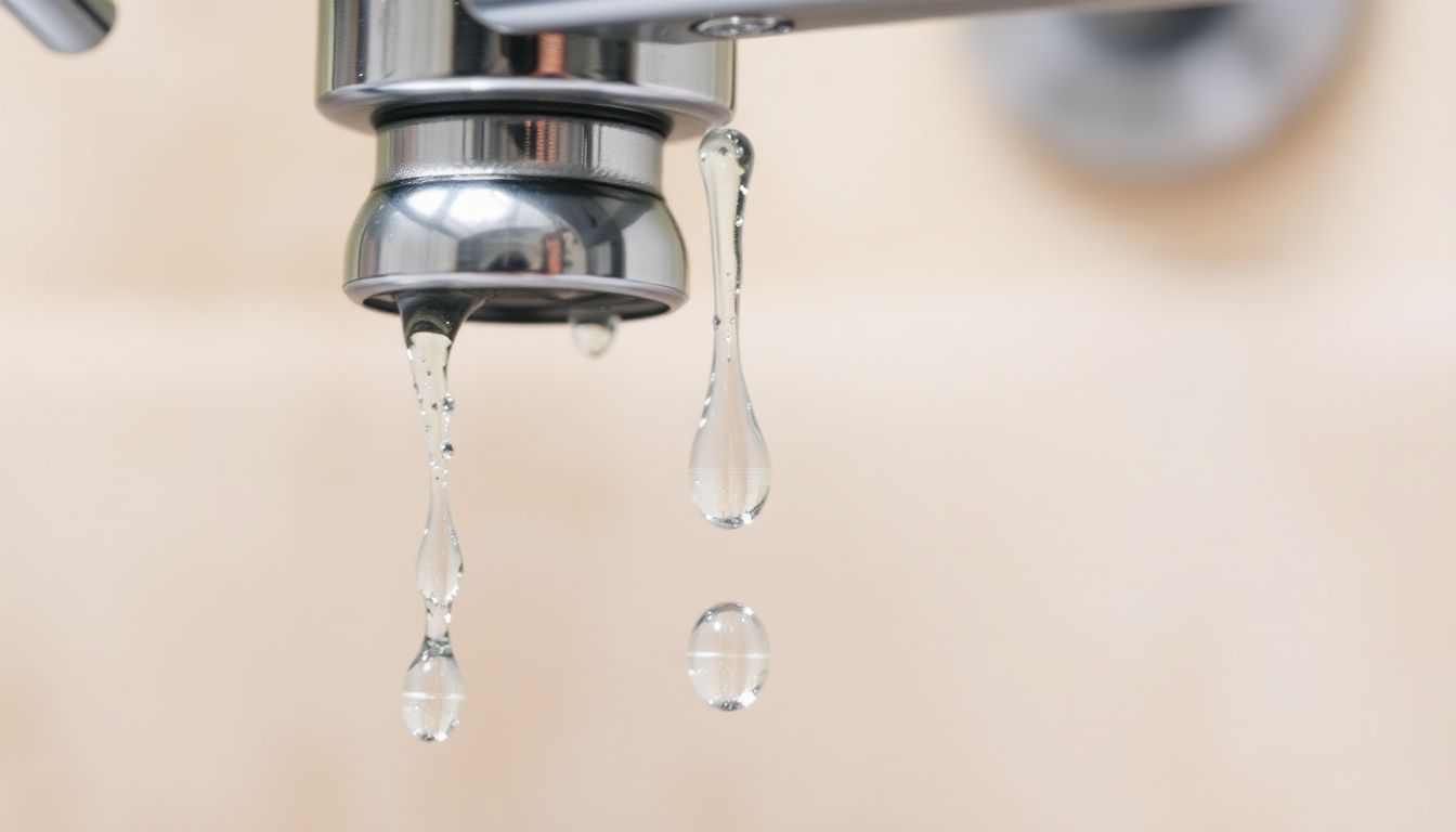 Close-up of water droplets dripping from chrome kitchen faucet onto stainless steel sink, showing small plumbing issues that can lead to water damage without proper prevention